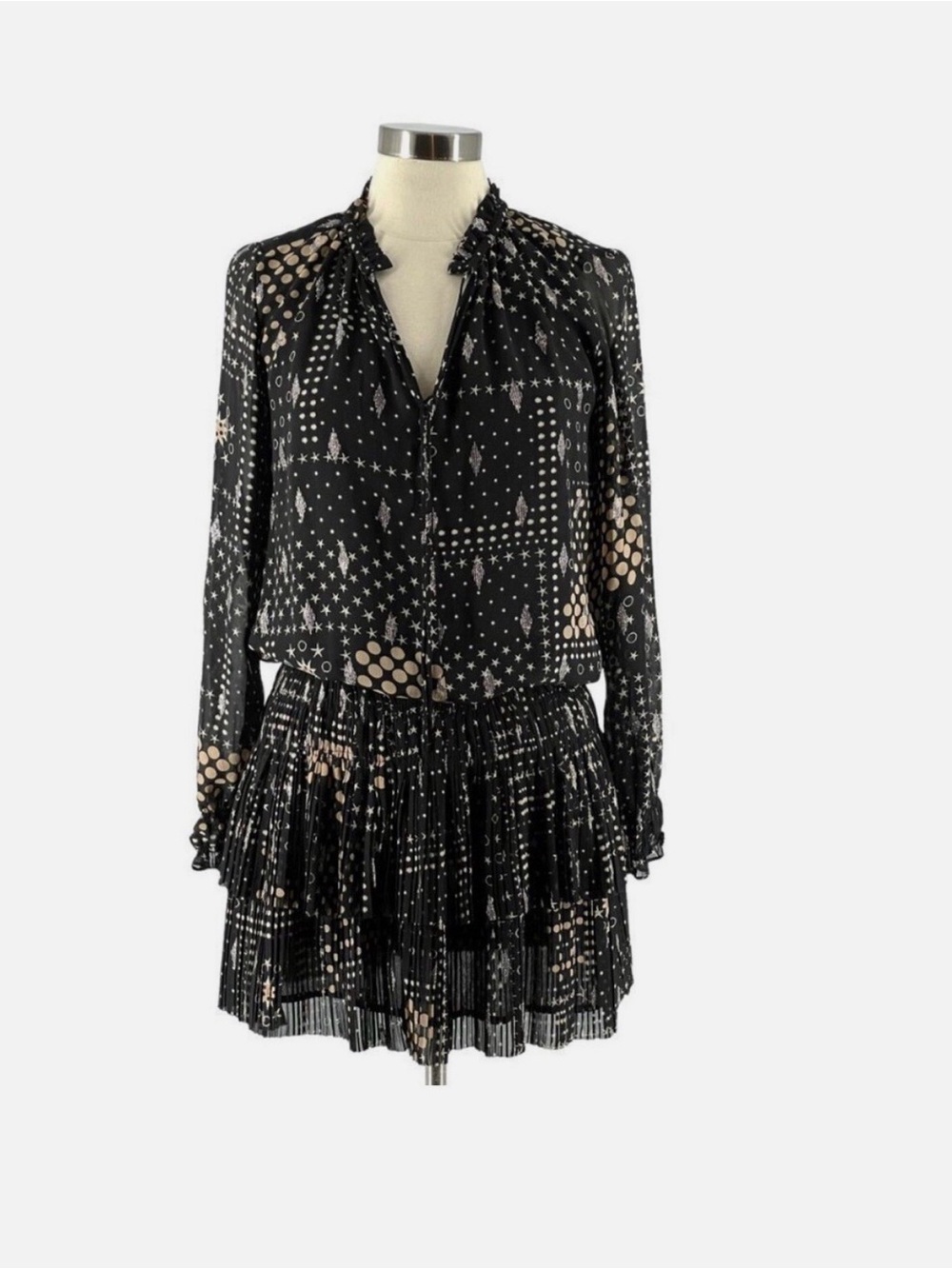 Fabric Black Patterned Long-Sleeve Tiered Mini Dress, Size S